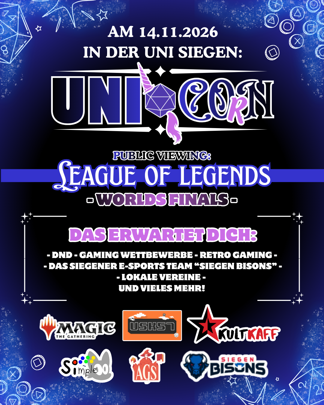 UNICOrN am 14. November 2026 an der Universität Siegen: Pen and Paper, Gaming-Wettbewerbe, Retro-Gaming, lokale Vereine und Public Viewing der League of Legends Worlds Finals